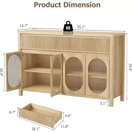 55 Large Sideboard Buffet Cabinet with Storage and 2 Fluted Drawer Front,Natural