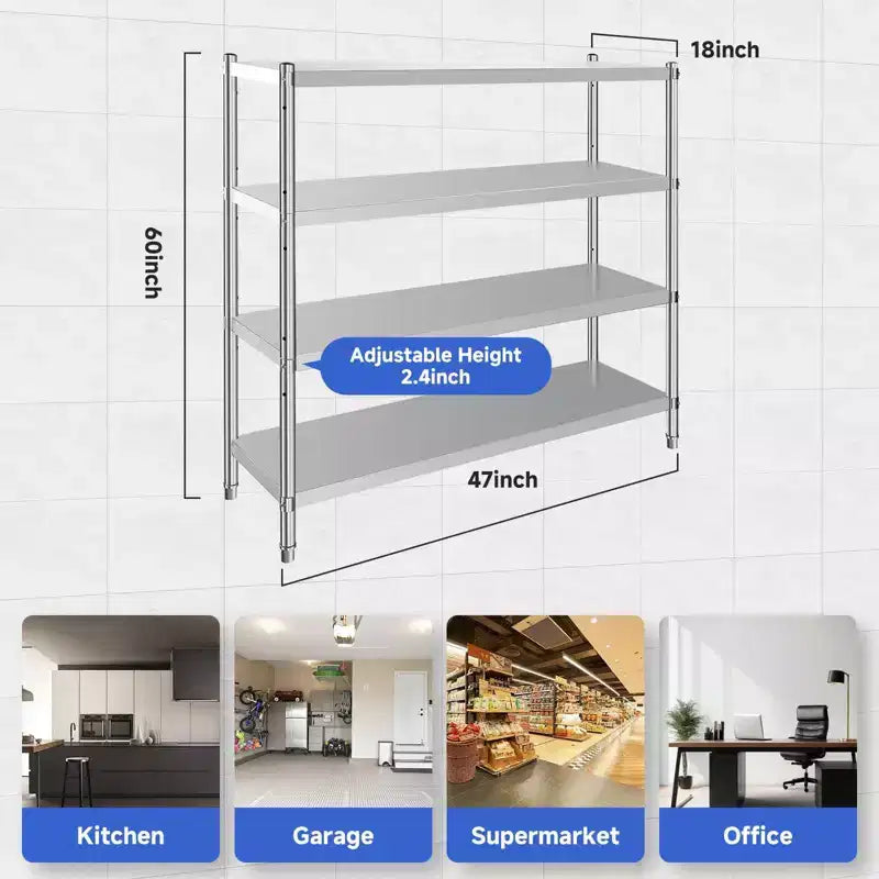 Stainless Steel 4-Tier Adjustable Shelving Unit, Heavy Duty Shelves with Wheels, Corrosion Resistant, Multipurpose for Storage