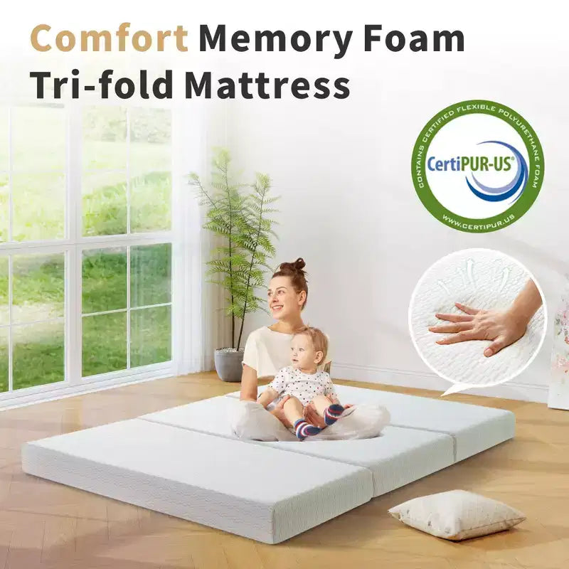 Dyonery 6 Thick Tri-fold Mattress Memory Foam Folding Mattress Firm Support Easy Fold with Storage Bag Portable Guest Bed,Camping,Travel,Pet