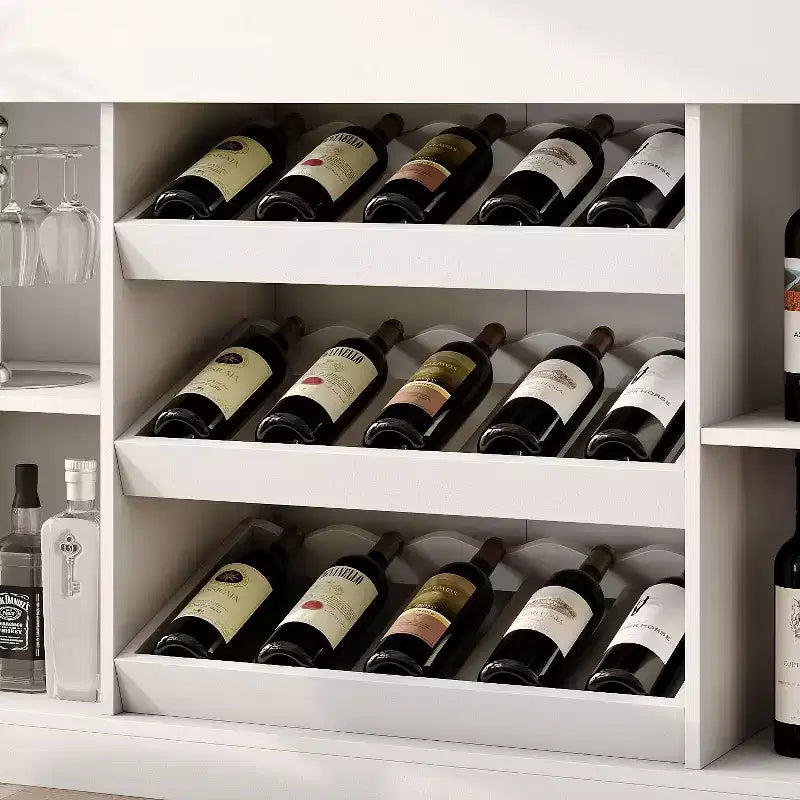 Famapy White Multi-Layer Bar Cabinet Wine Cabinet: Wave-Patterned Glass Countertop, Tiered Design  Spacious Wine & Liquor Storage, Ambient Lighting