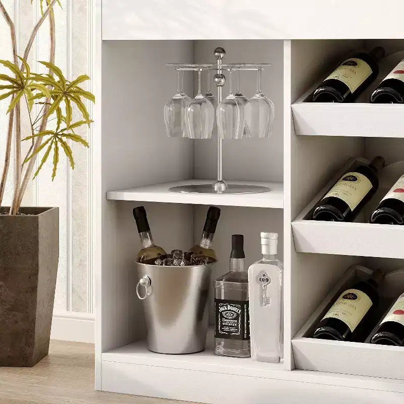 Famapy White Multi-Layer Bar Cabinet Wine Cabinet: Wave-Patterned Glass Countertop, Tiered Design  Spacious Wine & Liquor Storage, Ambient Lighting