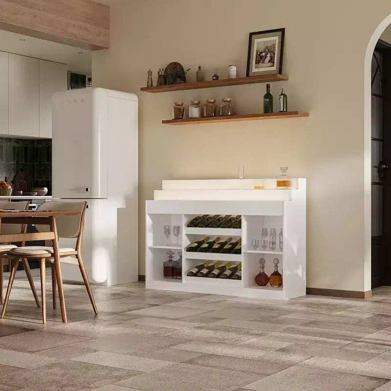 Famapy White Multi-Layer Bar Cabinet Wine Cabinet: Wave-Patterned Glass Countertop, Tiered Design  Spacious Wine & Liquor Storage, Ambient Lighting