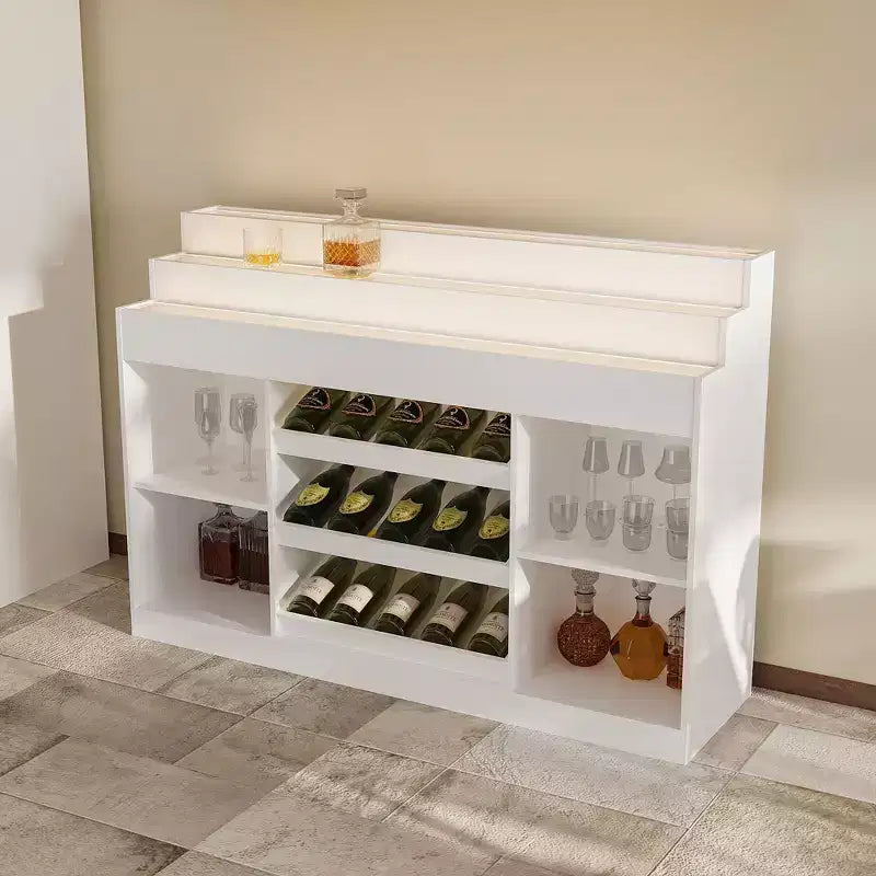 Famapy White Multi-Layer Bar Cabinet Wine Cabinet: Wave-Patterned Glass Countertop, Tiered Design  Spacious Wine & Liquor Storage, Ambient Lighting