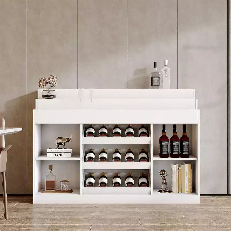 Famapy White Multi-Layer Bar Cabinet Wine Cabinet: Wave-Patterned Glass Countertop, Tiered Design  Spacious Wine & Liquor Storage, Ambient Lighting