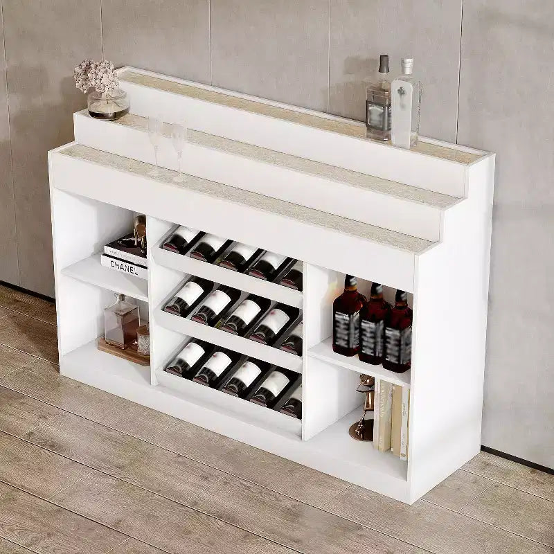 Famapy White Multi-Layer Bar Cabinet Wine Cabinet: Wave-Patterned Glass Countertop, Tiered Design  Spacious Wine & Liquor Storage, Ambient Lighting