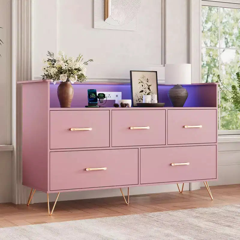 Five-drawer chest of drawers, 47-inch wide, with charging station, freestanding storage cabinet, suitable for wardrobes, hallways, entryways