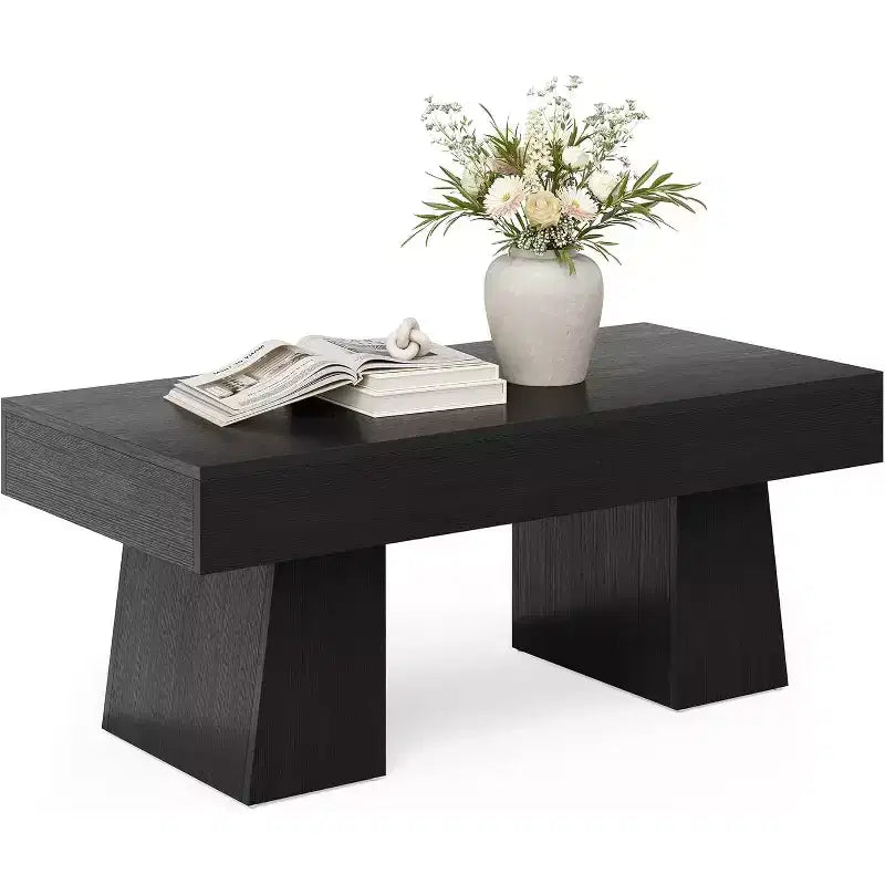 Lantine Farmhouse Coffee Table, 47 Inches Rectangular Wooden Accent Center Tables with Thick Basefor Living Room