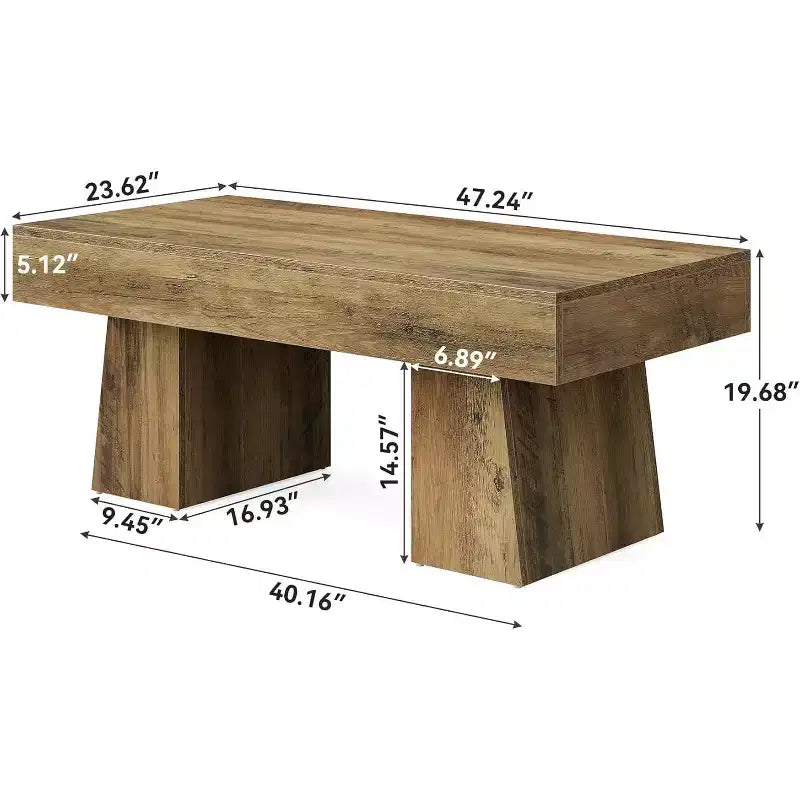 Lantine Farmhouse Coffee Table, 47 Inches Rectangular Wooden Accent Center Tables with Thick Basefor Living Room
