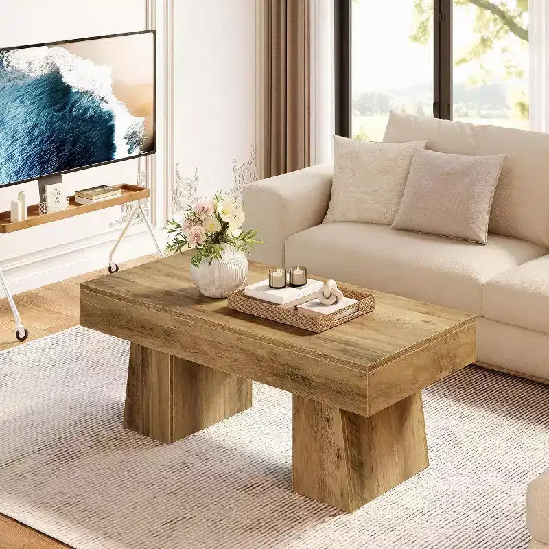 Lantine Farmhouse Coffee Table, 47 Inches Rectangular Wooden Accent Center Tables with Thick Basefor Living Room
