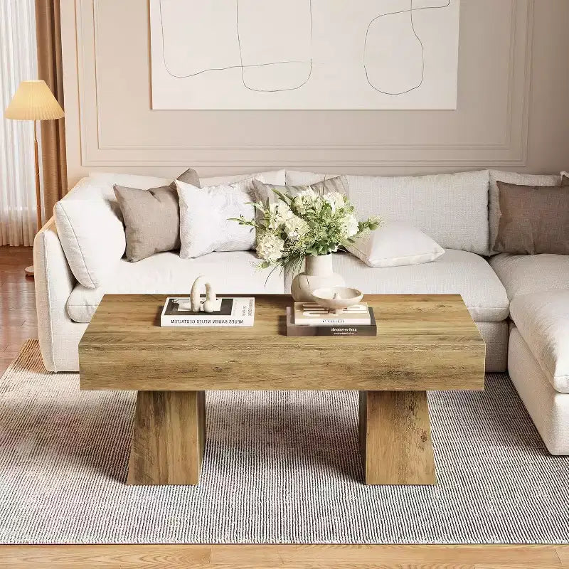 Lantine Farmhouse Coffee Table, 47 Inches Rectangular Wooden Accent Center Tables with Thick Basefor Living Room
