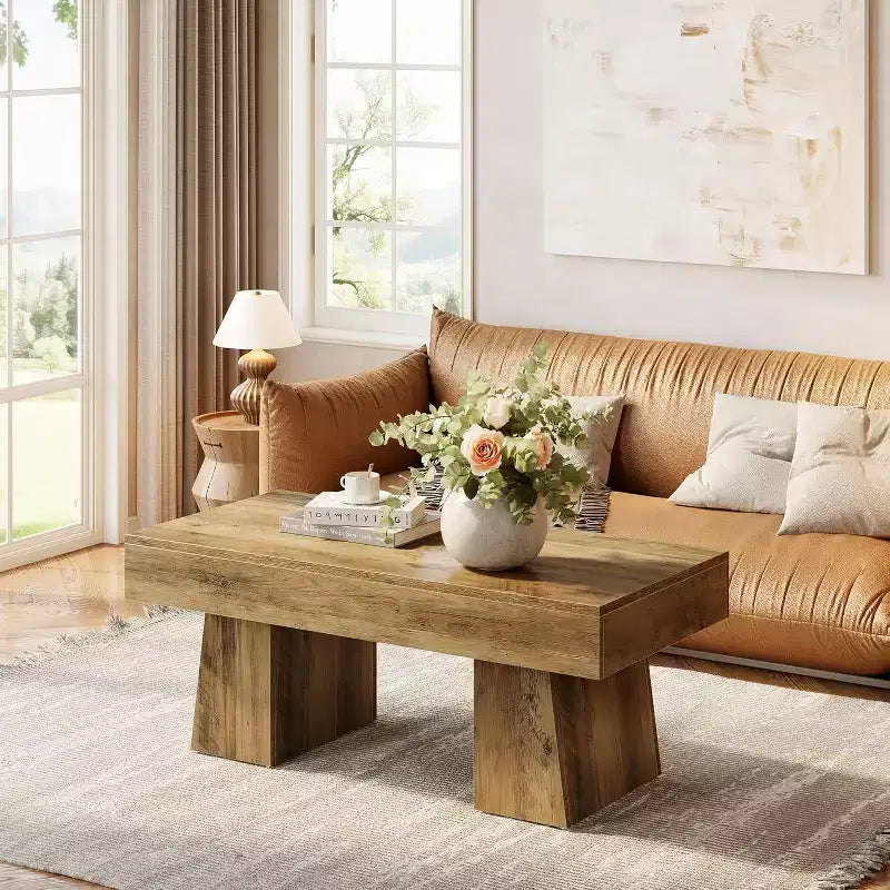 Lantine Farmhouse Coffee Table, 47 Inches Rectangular Wooden Accent Center Tables with Thick Basefor Living Room