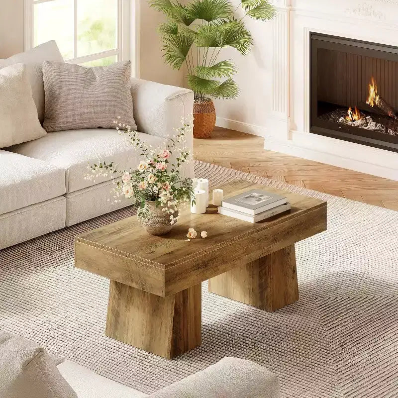 Lantine Farmhouse Coffee Table, 47 Inches Rectangular Wooden Accent Center Tables with Thick Basefor Living Room