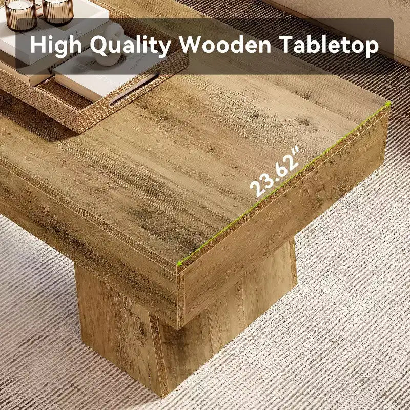 Lantine Farmhouse Coffee Table, 47 Inches Rectangular Wooden Accent Center Tables with Thick Basefor Living Room