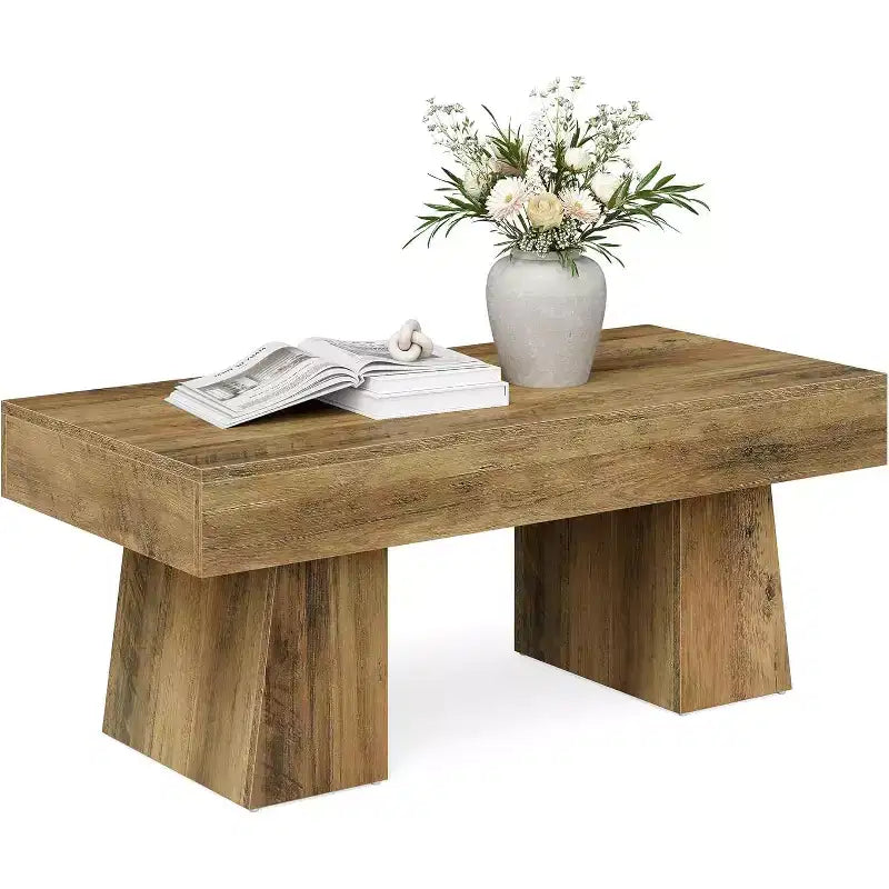 Lantine Farmhouse Coffee Table, 47 Inches Rectangular Wooden Accent Center Tables with Thick Basefor Living Room