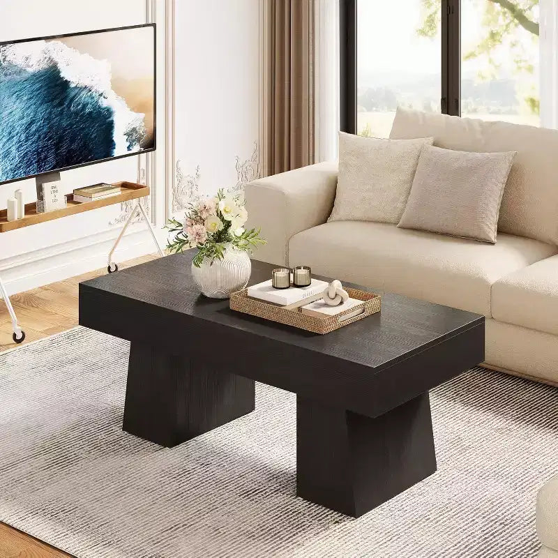 Lantine Farmhouse Coffee Table, 47 Inches Rectangular Wooden Accent Center Tables with Thick Basefor Living Room