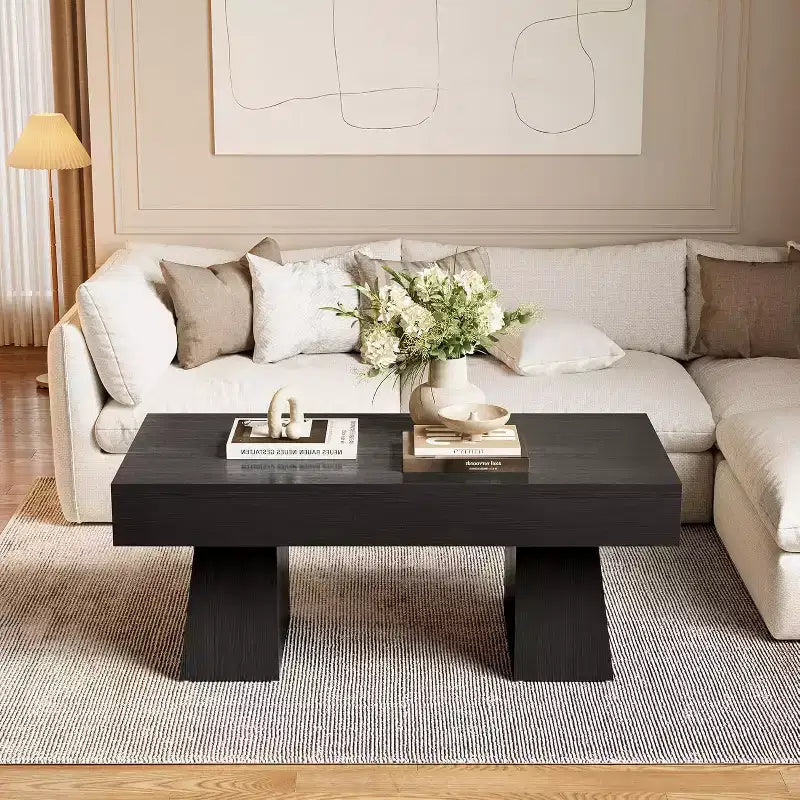 Lantine Farmhouse Coffee Table, 47 Inches Rectangular Wooden Accent Center Tables with Thick Basefor Living Room