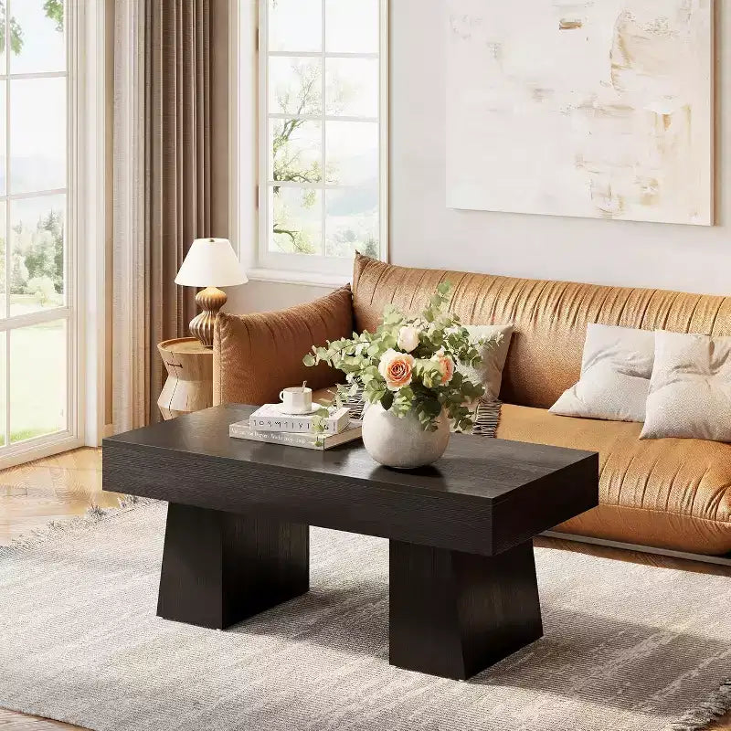 Lantine Farmhouse Coffee Table, 47 Inches Rectangular Wooden Accent Center Tables with Thick Basefor Living Room