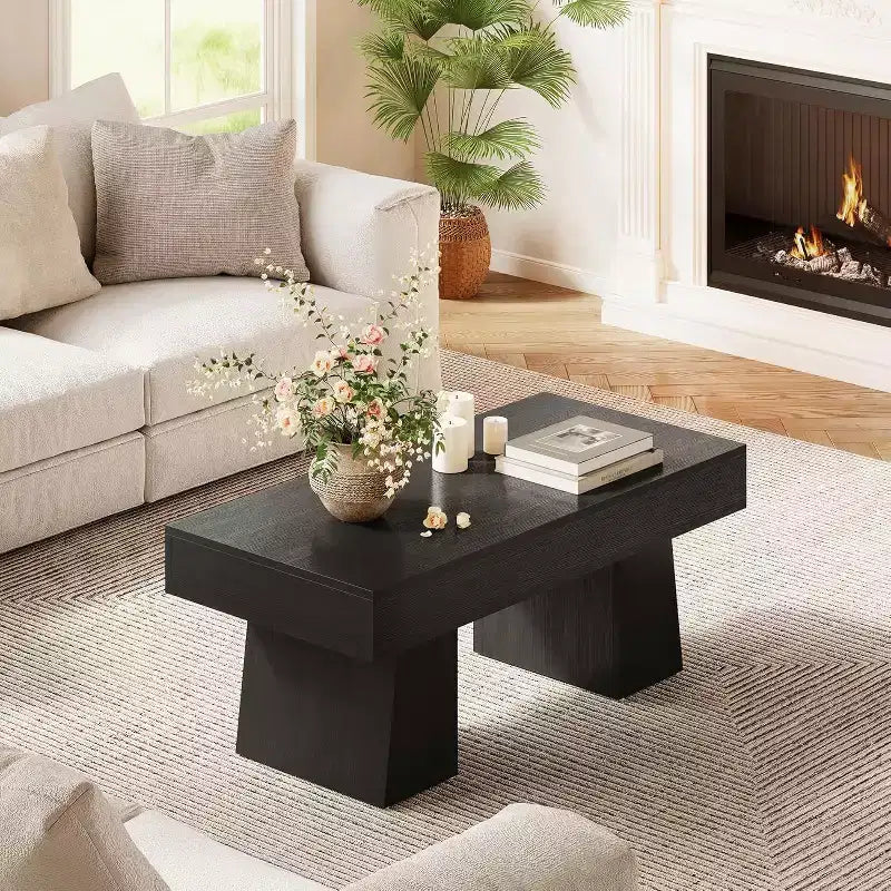 Lantine Farmhouse Coffee Table, 47 Inches Rectangular Wooden Accent Center Tables with Thick Basefor Living Room