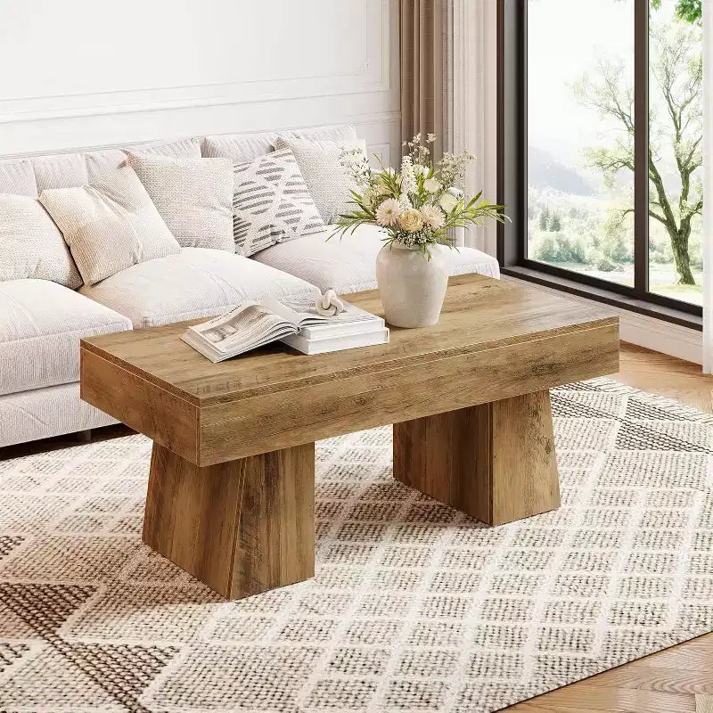 Lantine Farmhouse Coffee Table, 47 Inches Rectangular Wooden Accent Center Tables with Thick Basefor Living Room
