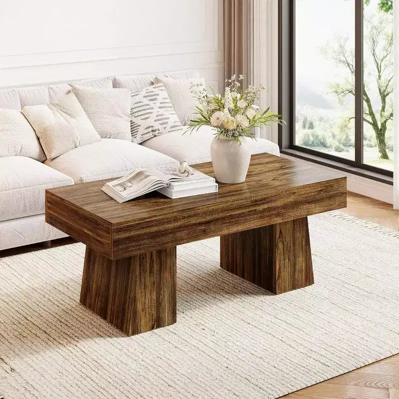 Lantine Farmhouse Coffee Table, 47 Inches Rectangular Wooden Accent Center Tables with Thick Basefor Living Room