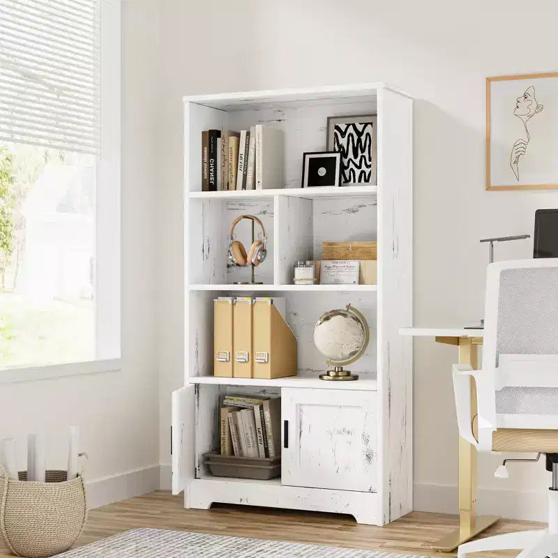 Modern Storage Rack 4 Shelf Standing Bookshelves with Light,White Tall Bookcase with Doors and Shelves,Bookshelf with Storage Cabinets for Living