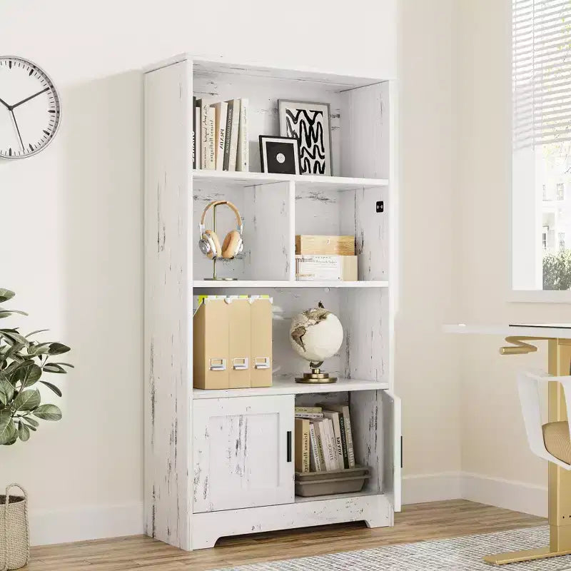 Modern Storage Rack 4 Shelf Standing Bookshelves with Light,White Tall Bookcase with Doors and Shelves,Bookshelf with Storage Cabinets for Living