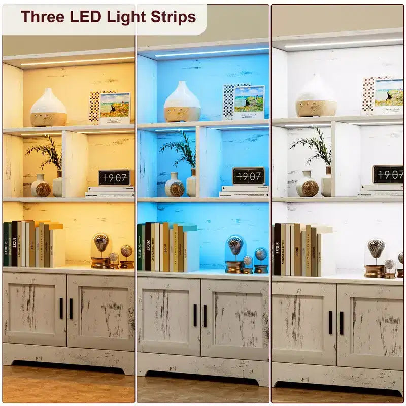 Modern Storage Rack 4 Shelf Standing Bookshelves with Light,White Tall Bookcase with Doors and Shelves,Bookshelf with Storage Cabinets for Living