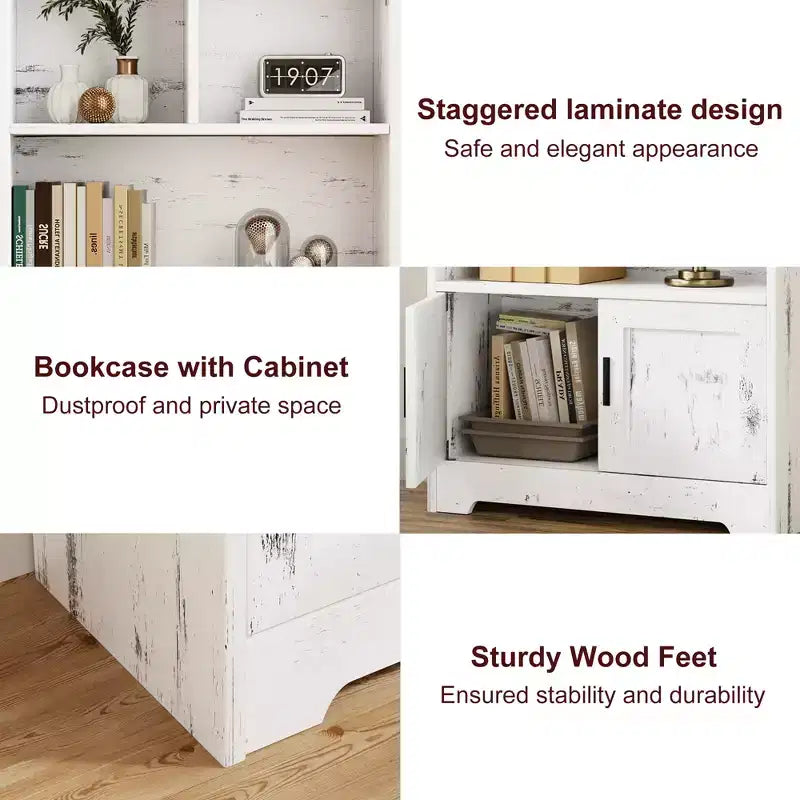 Modern Storage Rack 4 Shelf Standing Bookshelves with Light,White Tall Bookcase with Doors and Shelves,Bookshelf with Storage Cabinets for Living