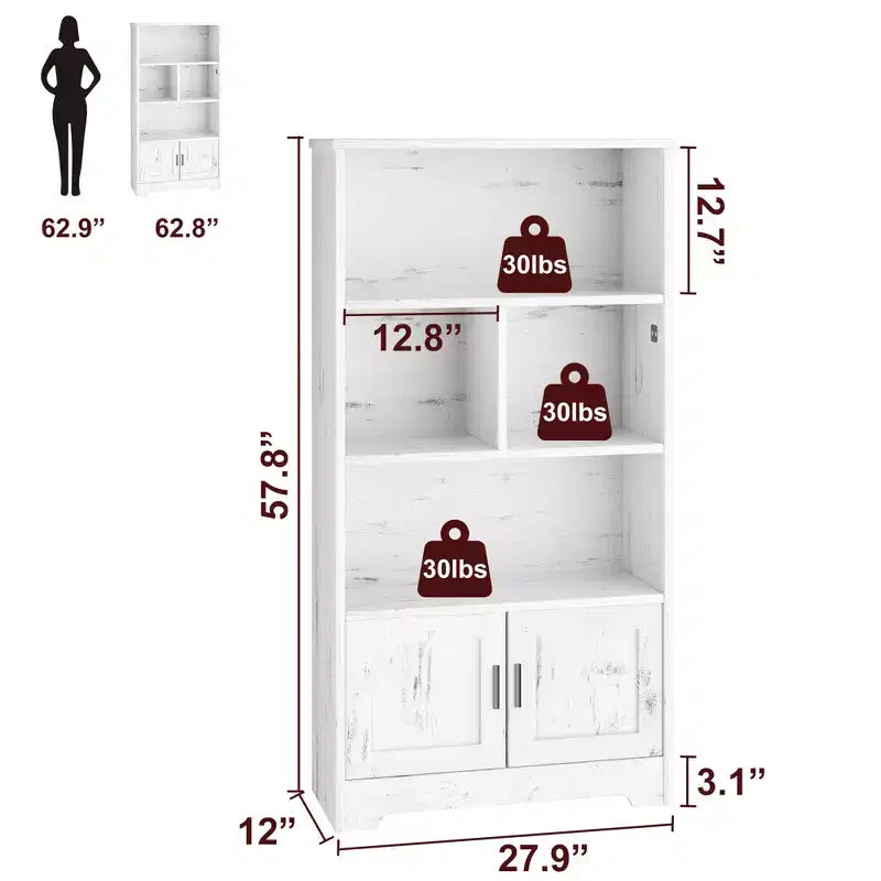 Modern Storage Rack 4 Shelf Standing Bookshelves with Light,White Tall Bookcase with Doors and Shelves,Bookshelf with Storage Cabinets for Living