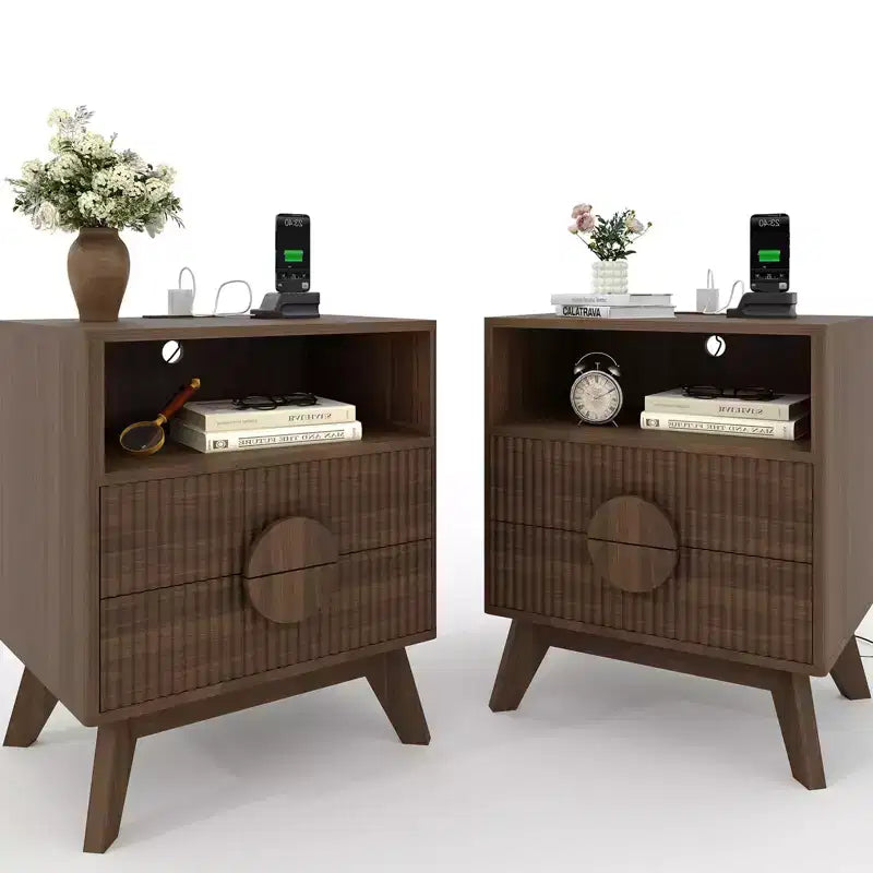 Fluted Nightstand, Tall Wood Bedside Table with Charging Station  USB Ports & Outlets, 2 Drawers & Open Shelf, Modern End Table for Bedroom