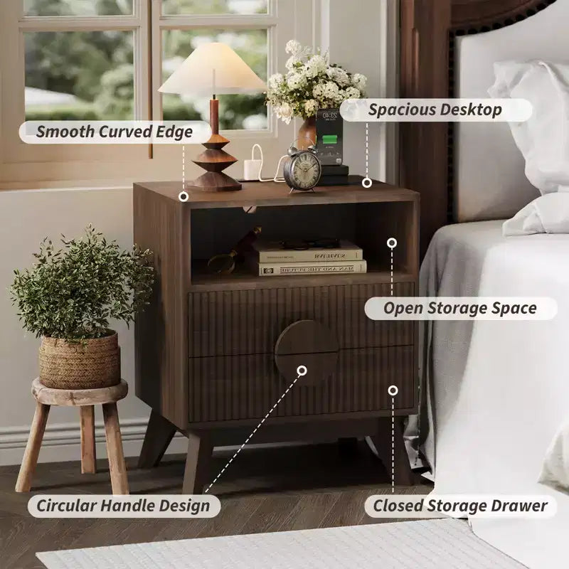 Fluted Nightstand, Tall Wood Bedside Table with Charging Station  USB Ports & Outlets, 2 Drawers & Open Shelf, Modern End Table for Bedroom