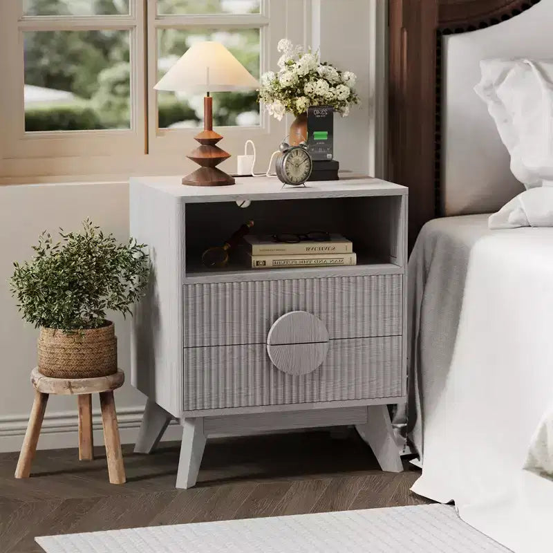 Fluted Nightstand, Tall Wood Bedside Table with Charging Station  USB Ports & Outlets, 2 Drawers & Open Shelf, Modern End Table for Bedroom