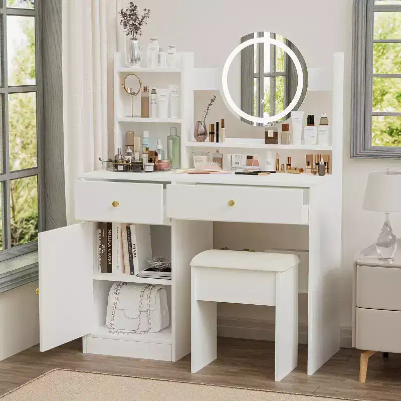 Okak Elegent Makeup Vanity with Cushioned Chair, Vanity Table with Round Mirror and Ample Storage, Makeup Desk for Living Room, Bedroom, White