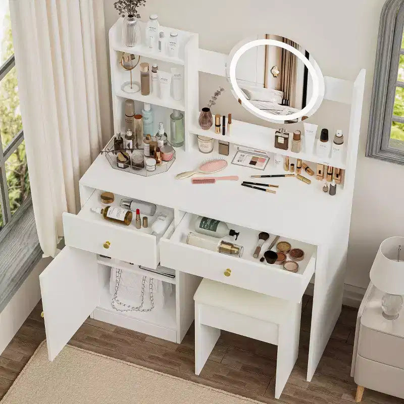 Okak Elegent Makeup Vanity with Cushioned Chair, Vanity Table with Round Mirror and Ample Storage, Makeup Desk for Living Room, Bedroom, White