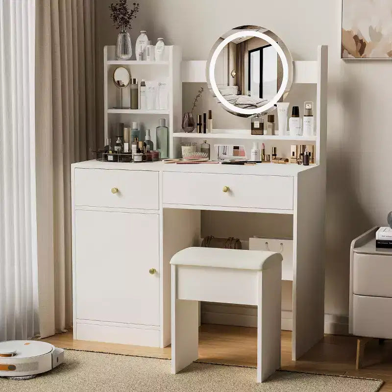 Okak Elegent Makeup Vanity with Cushioned Chair, Vanity Table with Round Mirror and Ample Storage, Makeup Desk for Living Room, Bedroom, White