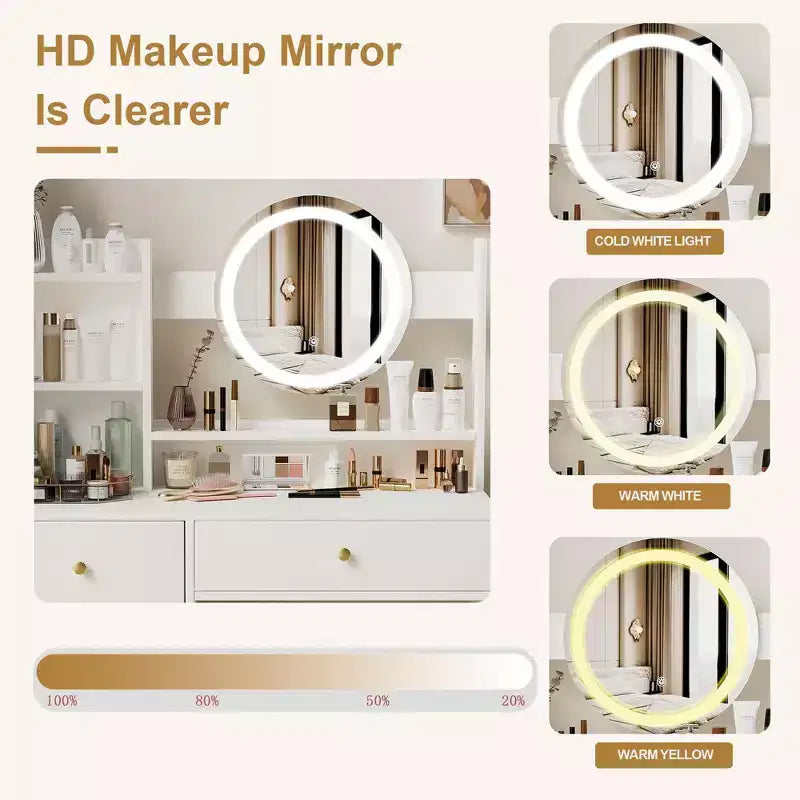 Okak Elegent Makeup Vanity with Cushioned Chair, Vanity Table with Round Mirror and Ample Storage, Makeup Desk for Living Room, Bedroom, White