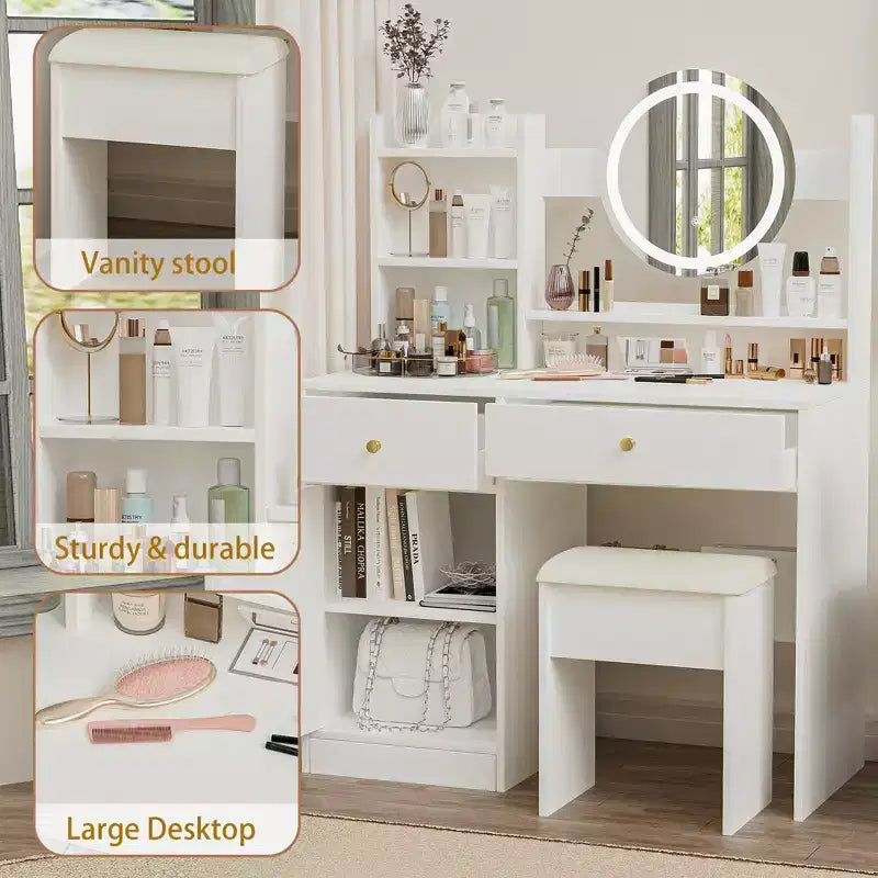 Okak Elegent Makeup Vanity with Cushioned Chair, Vanity Table with Round Mirror and Ample Storage, Makeup Desk for Living Room, Bedroom, White