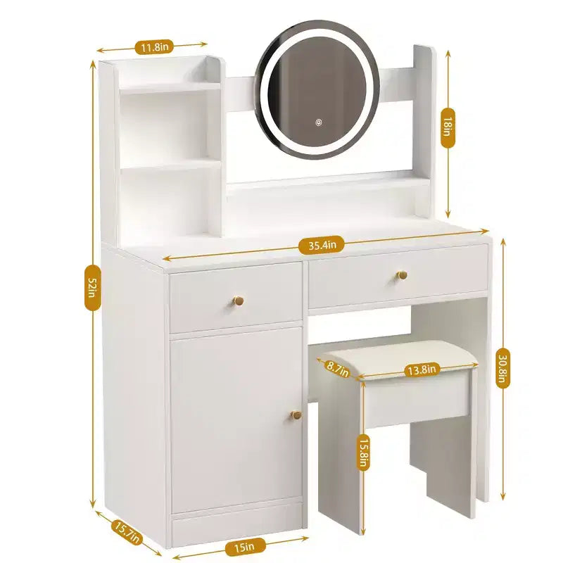 Okak Elegent Makeup Vanity with Cushioned Chair, Vanity Table with Round Mirror and Ample Storage, Makeup Desk for Living Room, Bedroom, White