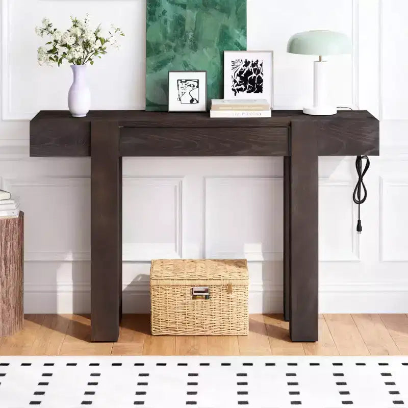 Luxystar Rustic Wood Console Table with Hidden Drawer and Side Power Outlet for Entryways, Living Rooms and Home Offices