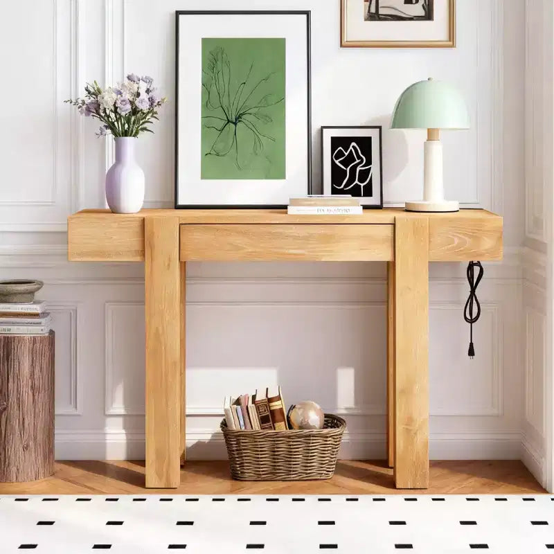 Luxystar Rustic Wood Console Table with Hidden Drawer and Side Power Outlet for Entryways, Living Rooms and Home Offices