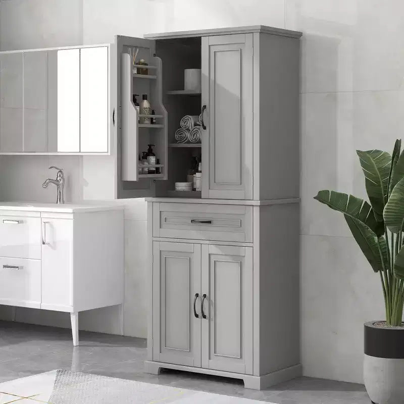 Okak Bathroom Storage Cabinet, Tall Cabinet Large Storage Cabinet with 2 Drawers and Open Shelves