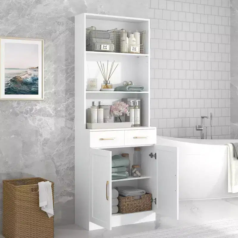 Okak Bathroom Storage Cabinet, Tall Cabinet Large Storage Cabinet with 2 Drawers and Open Shelves