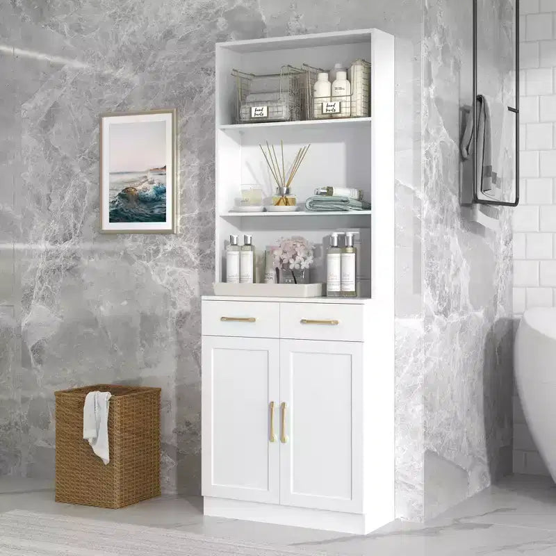 Okak Bathroom Storage Cabinet, Tall Cabinet Large Storage Cabinet with 2 Drawers and Open Shelves