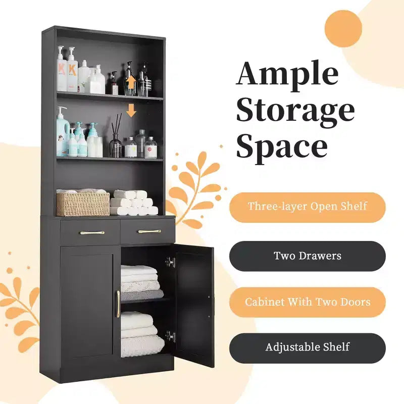 Okak Bathroom Storage Cabinet, Tall Cabinet Large Storage Cabinet with 2 Drawers and Open Shelves
