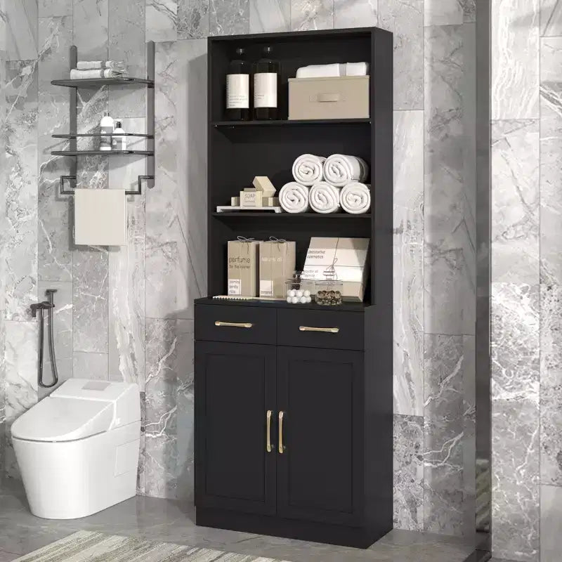 Okak Bathroom Storage Cabinet, Tall Cabinet Large Storage Cabinet with 2 Drawers and Open Shelves