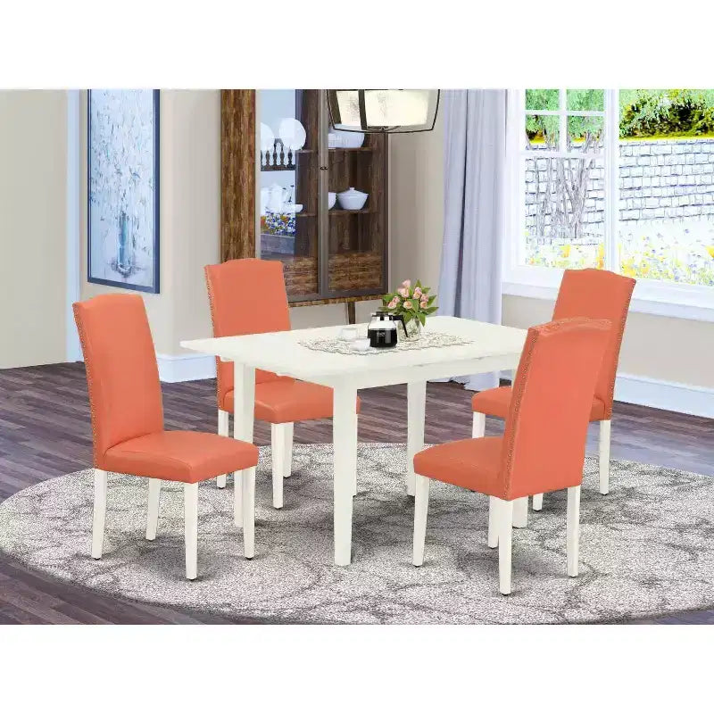 HomeStock 5-Pc Linen White Finish Solid Wood Top - Rectangular Upholstered Dining Room Set with Butterfly Leaf - Seats 4
