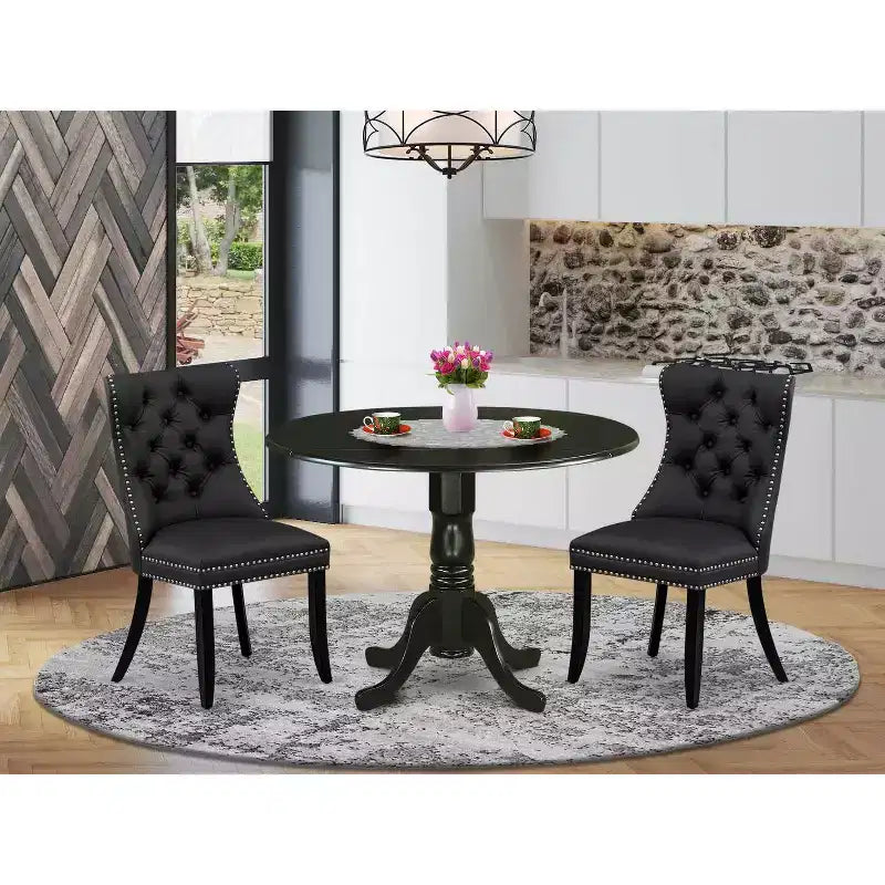 3-Piece Black Finish Solid Wood Top-Round Upholstered Dining Room Set -Seats 4