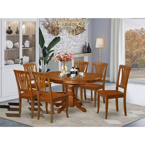 7-Piece Oval Saddle Brown Finish Solid Wood Top Dining Table with 6-Chairs with