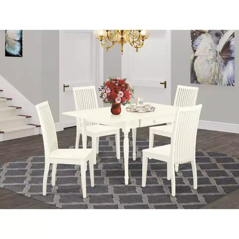 5-Piece Linen White Finish Solid Wood Top - Dining Room Set - Seats 4