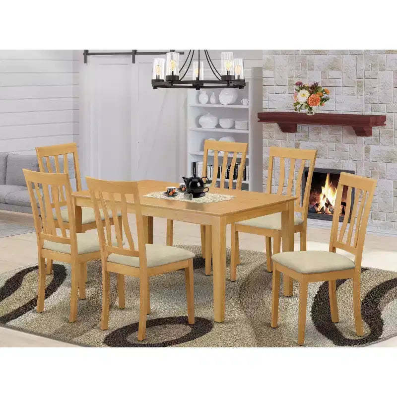 HomeStock 7-Piece Rectangle Natural Oak Finish Solid Wood Top Dining Table with 6 Chairs